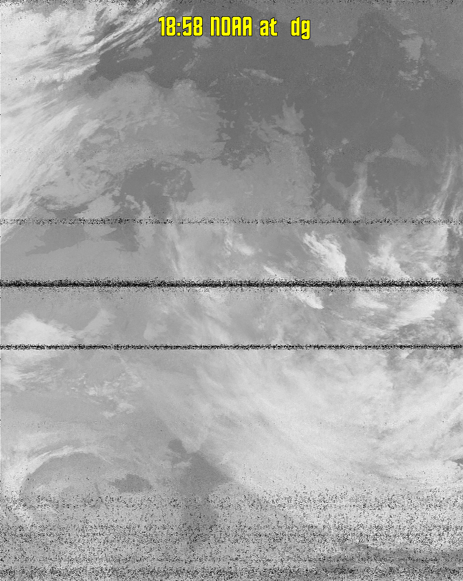 MCIR-precip: 
Colours the NOAA sensor 4 IR image using a map to colour the sea blue and land
green. High clouds appear white, lower clouds gray or land/sea coloured, clouds
generally appear lighter, but distinguishing between land/sea and low cloud may
be difficult. Darker colours indicate warmer regions.