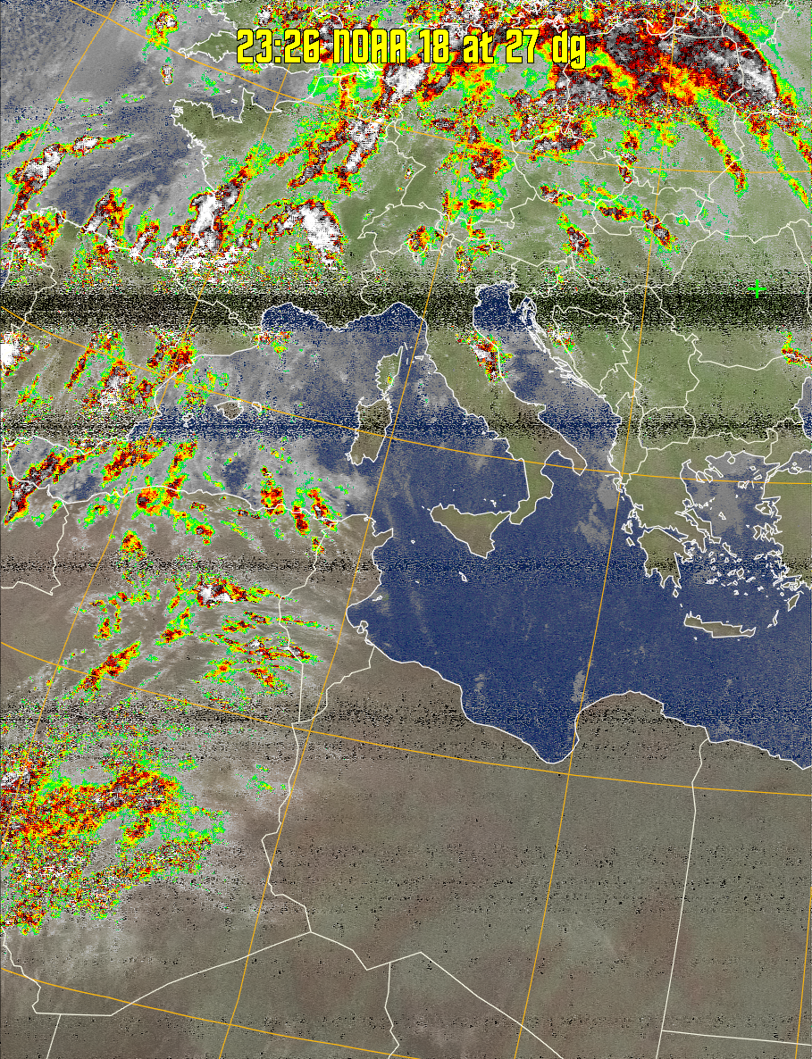 MCIR-precip: 
Colours the NOAA sensor 4 IR image using a map to colour the sea blue and land
green. High clouds appear white, lower clouds gray or land/sea coloured, clouds
generally appear lighter, but distinguishing between land/sea and low cloud may
be difficult. Darker colours indicate warmer regions.