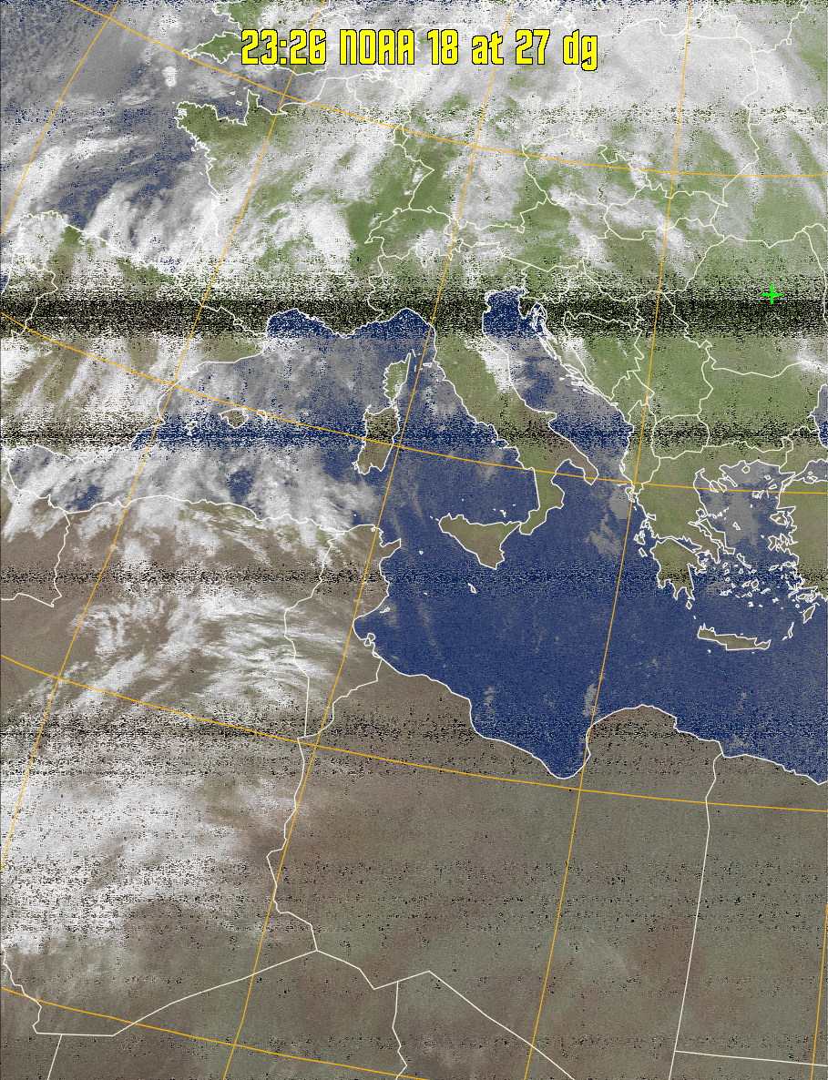 MCIR-precip: 
Colours the NOAA sensor 4 IR image using a map to colour the sea blue and land
green. High clouds appear white, lower clouds gray or land/sea coloured, clouds
generally appear lighter, but distinguishing between land/sea and low cloud may
be difficult. Darker colours indicate warmer regions.