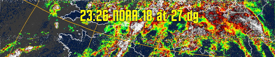 MSA-precip:
Same as MSA multispectral analysis, but high cold cloud tops are coloured the
same as the NO enhancement to give an approximate indication of the probability
and intensity of precipitation.