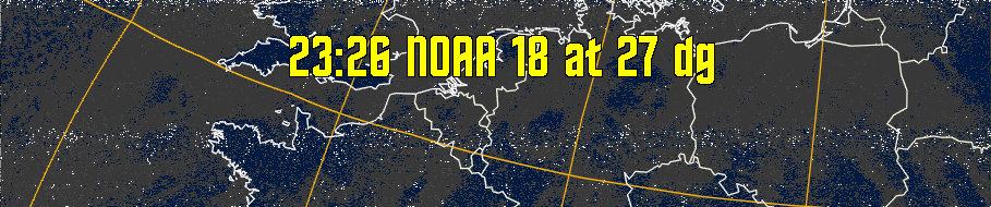 MSA:
Multispectral analysis. Uses a NOAA channel 2-4 image and determines which
regions are most likely to be cloud, land, or sea based on an analysis of the two
images. Produces a vivid false-coloured image as a result.
Note that perfect colouring is difficult to obtain, especially
with low illumination angles.