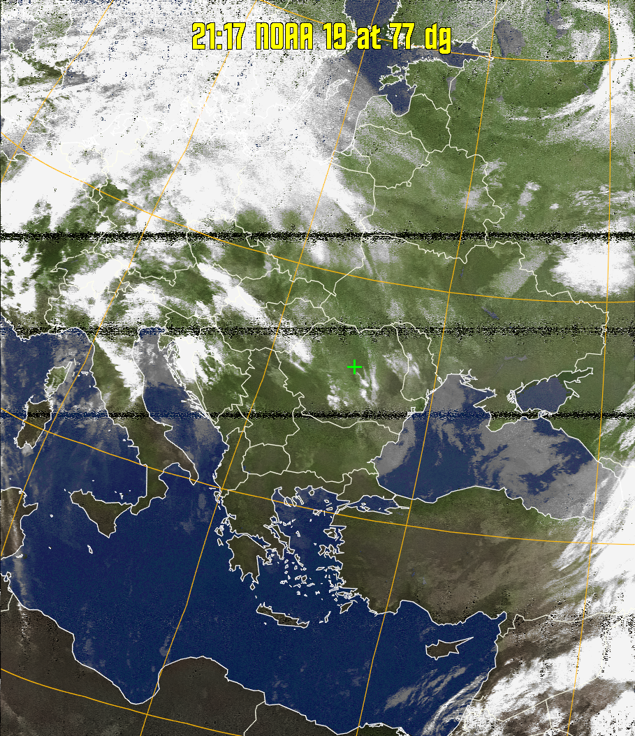 MCIR-precip: 
Colours the NOAA sensor 4 IR image using a map to colour the sea blue and land
green. High clouds appear white, lower clouds gray or land/sea coloured, clouds
generally appear lighter, but distinguishing between land/sea and low cloud may
be difficult. Darker colours indicate warmer regions.