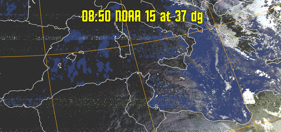 HVCT:
Similar to HVC, but with blue water and with colours more indicative of
land temperatures.
HVC:
Creates a false colour image from NOAA APT images based on temperature using
the HVC colour model. Uses the temperature derived from the sensor 4 image to
select the hue and the brightness from the histogram equalised other image to
select the value and chroma. The HVC colour model attempts to ensure that different colours at the same value will appear to the eye to be the same brightness
and the spacing between colours representing each degree will appear to the eye to
be similar. Bright areas are completely unsaturated in this model.