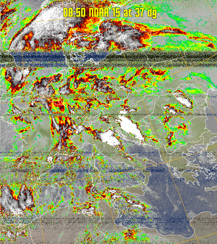 MCIR-precip: 
Colours the NOAA sensor 4 IR image using a map to colour the sea blue and land
green. High clouds appear white, lower clouds gray or land/sea coloured, clouds
generally appear lighter, but distinguishing between land/sea and low cloud may
be difficult. Darker colours indicate warmer regions.