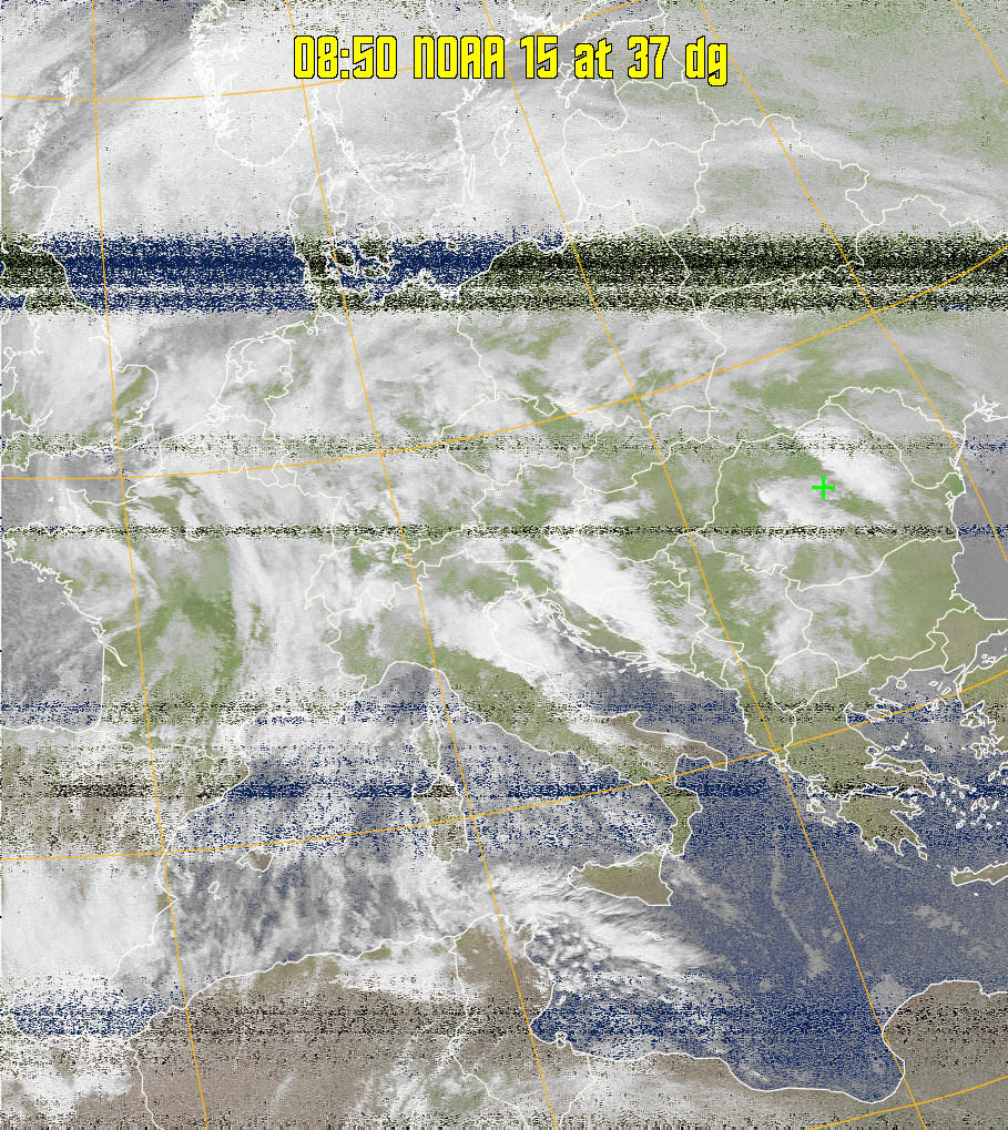 MCIR-precip: 
Colours the NOAA sensor 4 IR image using a map to colour the sea blue and land
green. High clouds appear white, lower clouds gray or land/sea coloured, clouds
generally appear lighter, but distinguishing between land/sea and low cloud may
be difficult. Darker colours indicate warmer regions.