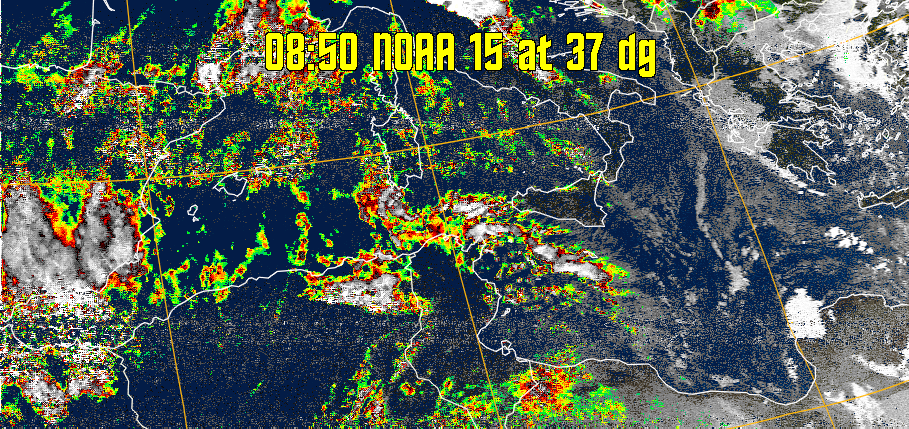 MSA-precip:
Same as MSA multispectral analysis, but high cold cloud tops are coloured the
same as the NO enhancement to give an approximate indication of the probability
and intensity of precipitation.