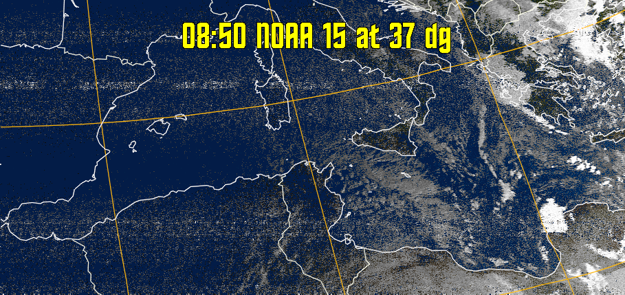 MSA:
Multispectral analysis. Uses a NOAA channel 2-4 image and determines which
regions are most likely to be cloud, land, or sea based on an analysis of the two
images. Produces a vivid false-coloured image as a result.
Note that perfect colouring is difficult to obtain, especially
with low illumination angles.