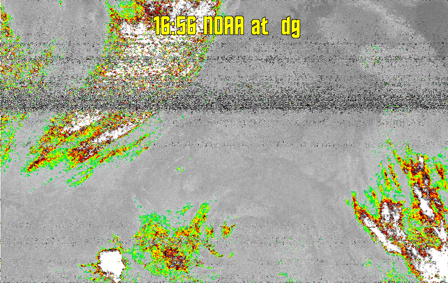 MCIR-precip: 
Colours the NOAA sensor 4 IR image using a map to colour the sea blue and land
green. High clouds appear white, lower clouds gray or land/sea coloured, clouds
generally appear lighter, but distinguishing between land/sea and low cloud may
be difficult. Darker colours indicate warmer regions.