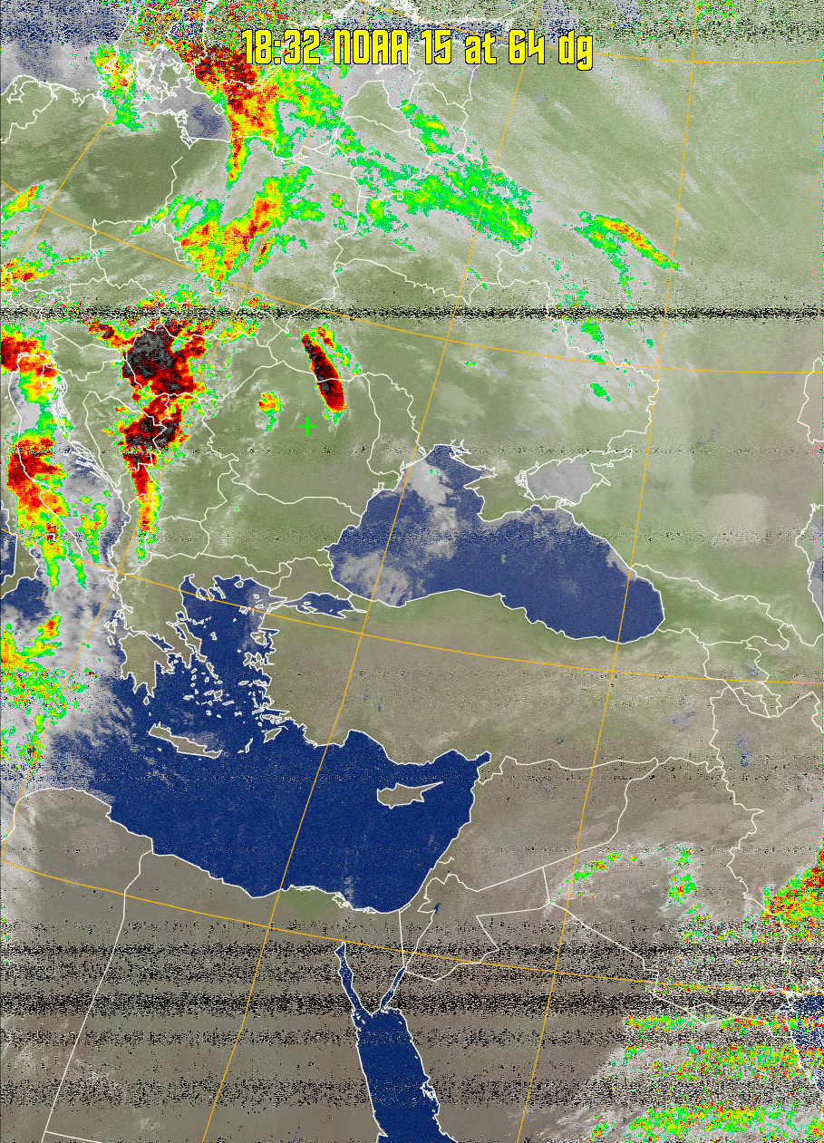 MCIR-precip: 
Colours the NOAA sensor 4 IR image using a map to colour the sea blue and land
green. High clouds appear white, lower clouds gray or land/sea coloured, clouds
generally appear lighter, but distinguishing between land/sea and low cloud may
be difficult. Darker colours indicate warmer regions.