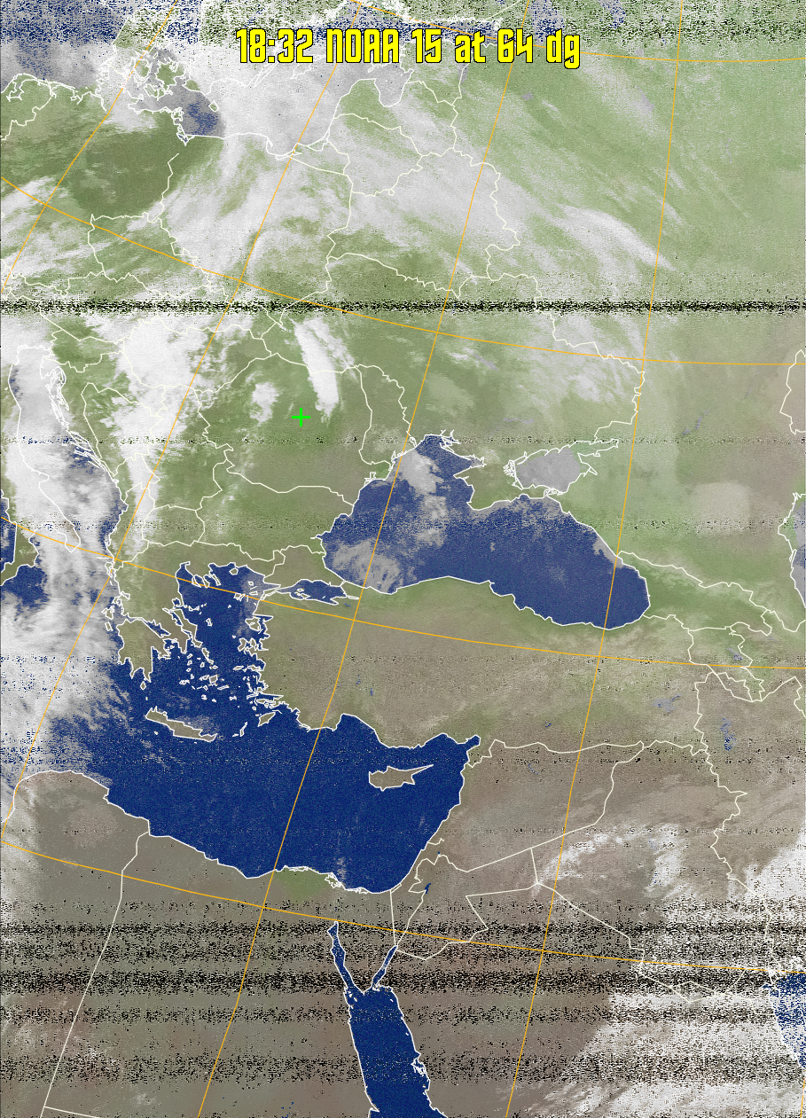 MCIR-precip: 
Colours the NOAA sensor 4 IR image using a map to colour the sea blue and land
green. High clouds appear white, lower clouds gray or land/sea coloured, clouds
generally appear lighter, but distinguishing between land/sea and low cloud may
be difficult. Darker colours indicate warmer regions.