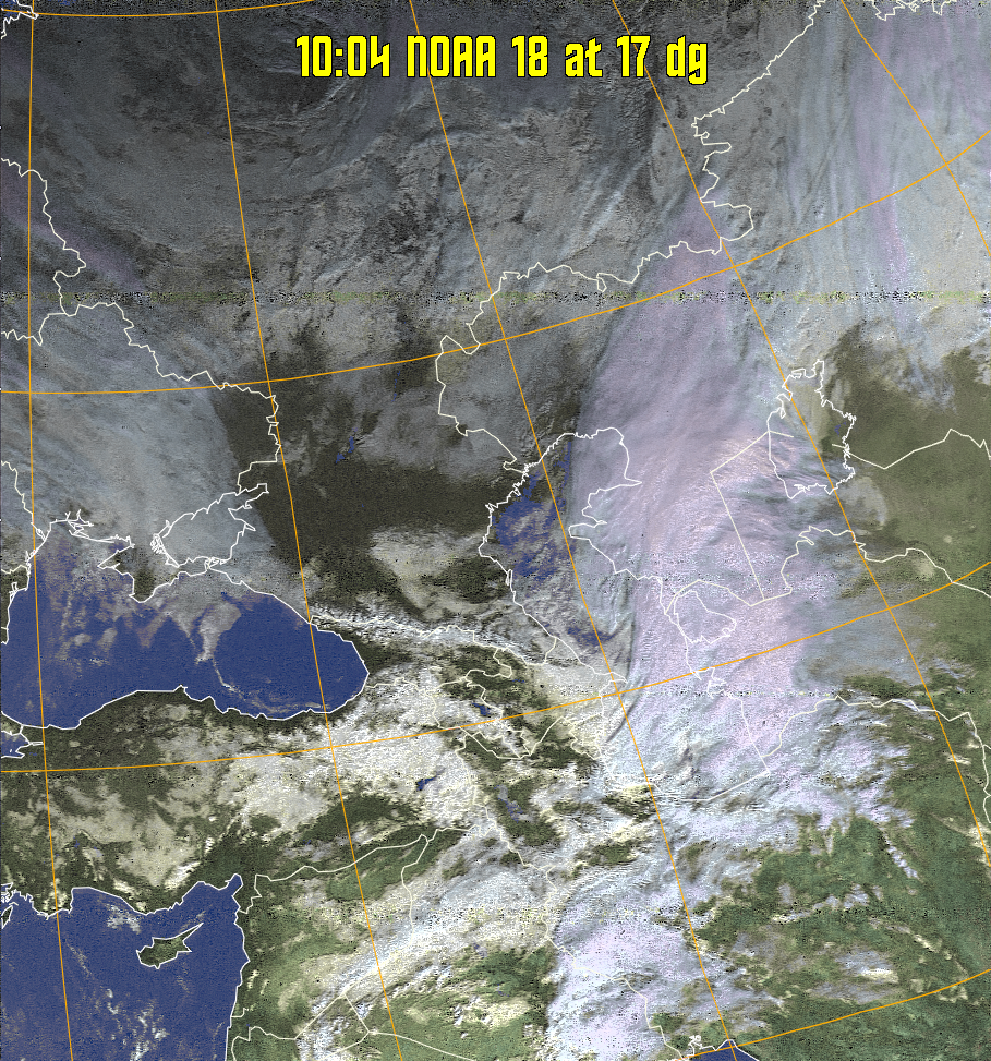 HVCT:
Similar to HVC, but with blue water and with colours more indicative of
land temperatures.
HVC:
Creates a false colour image from NOAA APT images based on temperature using
the HVC colour model. Uses the temperature derived from the sensor 4 image to
select the hue and the brightness from the histogram equalised other image to
select the value and chroma. The HVC colour model attempts to ensure that different colours at the same value will appear to the eye to be the same brightness
and the spacing between colours representing each degree will appear to the eye to
be similar. Bright areas are completely unsaturated in this model.