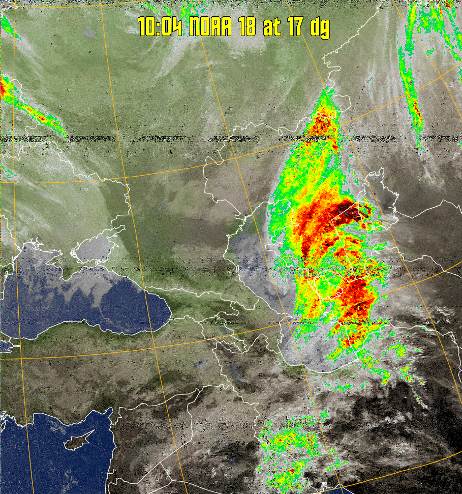 MCIR-precip: 
Colours the NOAA sensor 4 IR image using a map to colour the sea blue and land
green. High clouds appear white, lower clouds gray or land/sea coloured, clouds
generally appear lighter, but distinguishing between land/sea and low cloud may
be difficult. Darker colours indicate warmer regions.