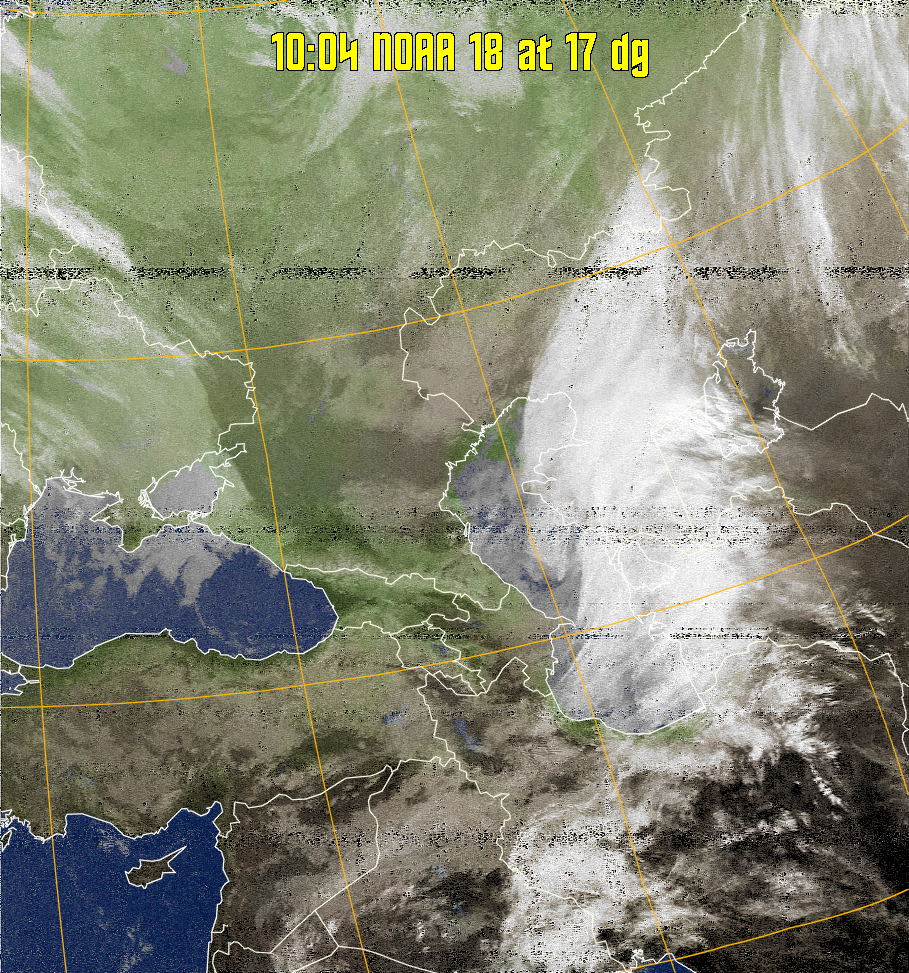 MCIR-precip: 
Colours the NOAA sensor 4 IR image using a map to colour the sea blue and land
green. High clouds appear white, lower clouds gray or land/sea coloured, clouds
generally appear lighter, but distinguishing between land/sea and low cloud may
be difficult. Darker colours indicate warmer regions.