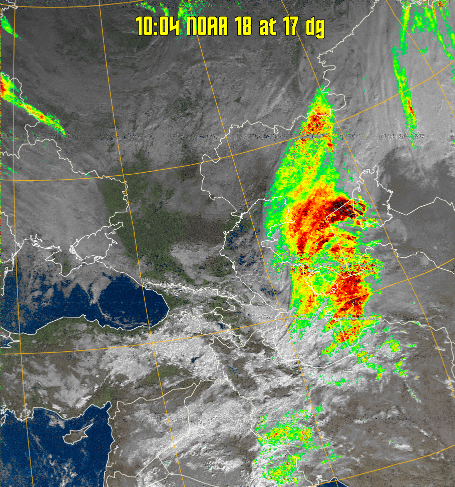 MSA-precip:
Same as MSA multispectral analysis, but high cold cloud tops are coloured the
same as the NO enhancement to give an approximate indication of the probability
and intensity of precipitation.