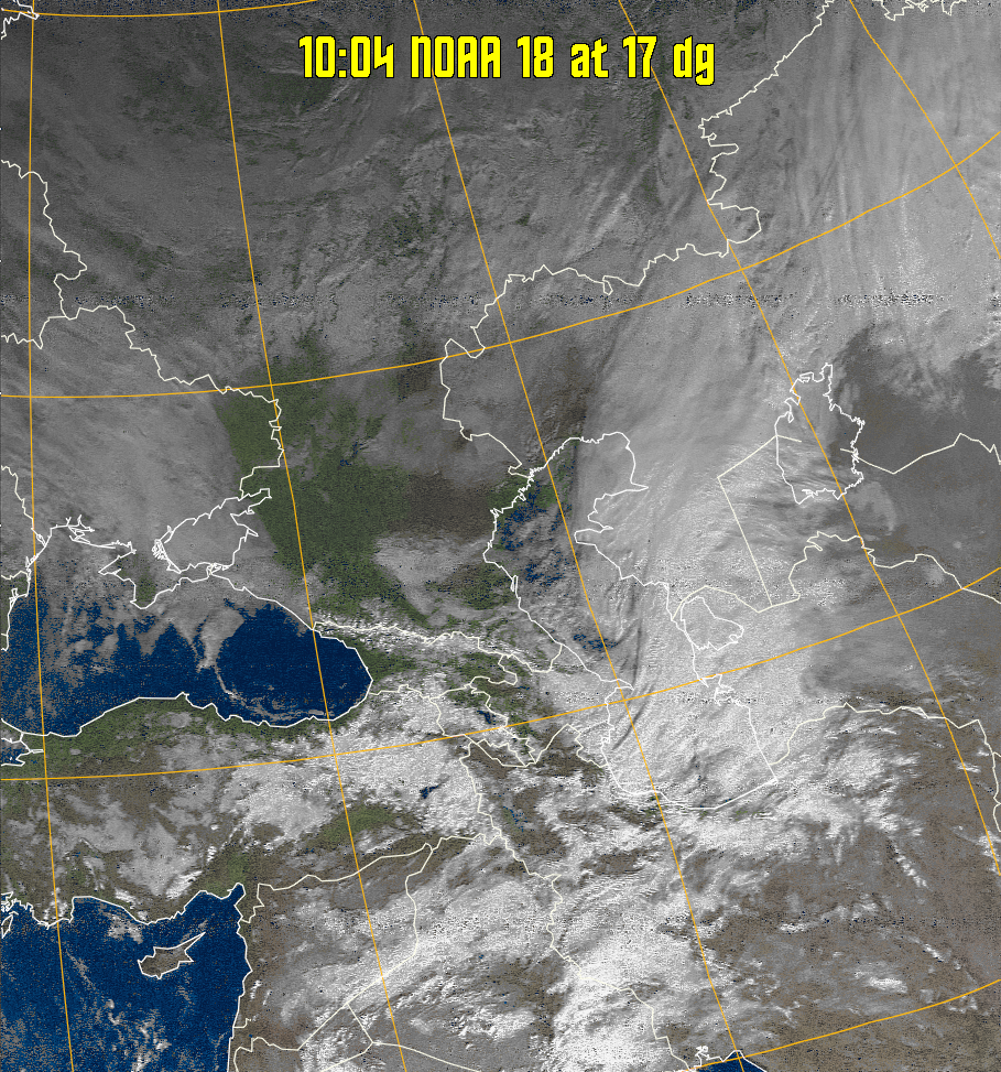 MSA:
Multispectral analysis. Uses a NOAA channel 2-4 image and determines which
regions are most likely to be cloud, land, or sea based on an analysis of the two
images. Produces a vivid false-coloured image as a result.
Note that perfect colouring is difficult to obtain, especially
with low illumination angles.