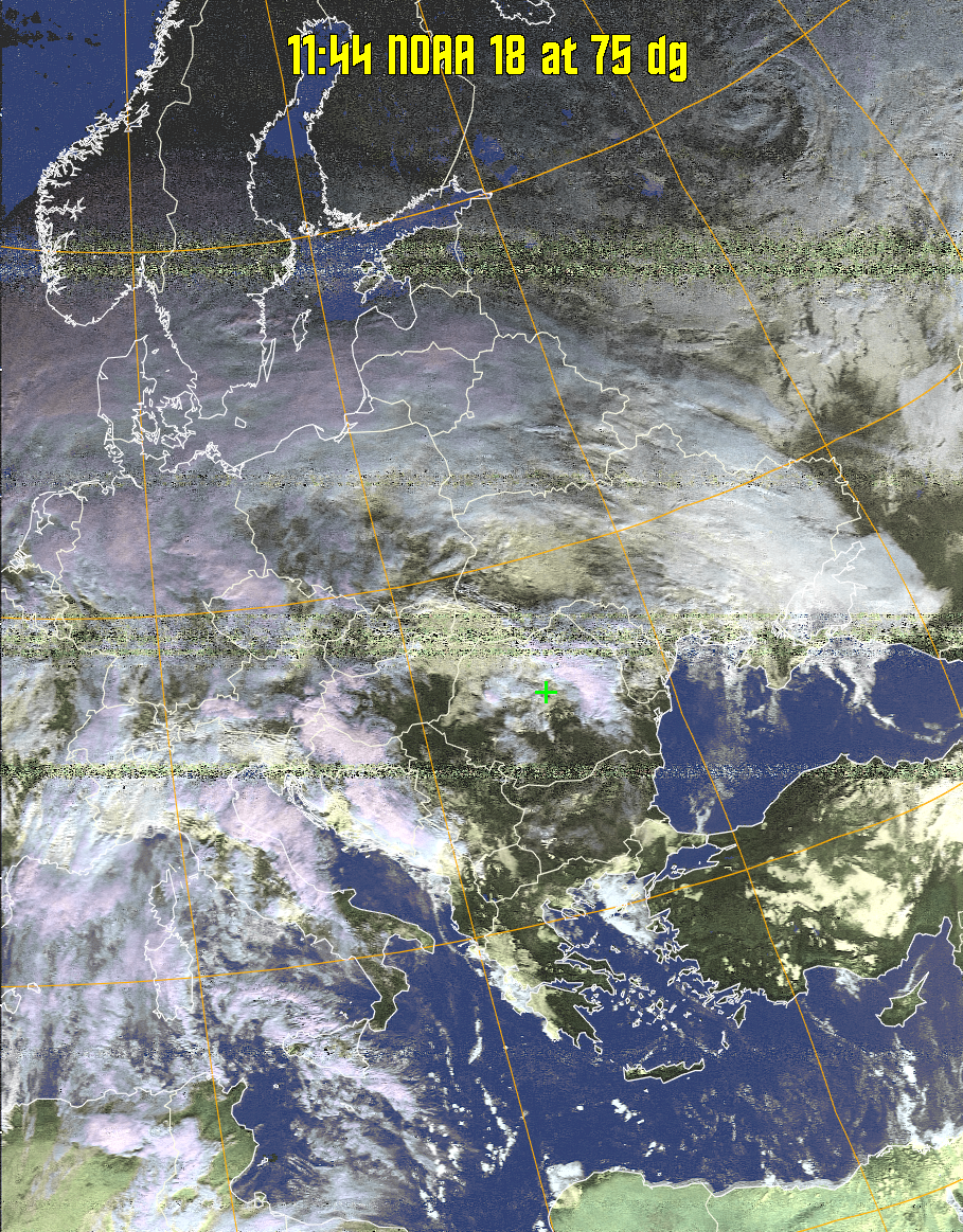 HVCT:
Similar to HVC, but with blue water and with colours more indicative of
land temperatures.
HVC:
Creates a false colour image from NOAA APT images based on temperature using
the HVC colour model. Uses the temperature derived from the sensor 4 image to
select the hue and the brightness from the histogram equalised other image to
select the value and chroma. The HVC colour model attempts to ensure that different colours at the same value will appear to the eye to be the same brightness
and the spacing between colours representing each degree will appear to the eye to
be similar. Bright areas are completely unsaturated in this model.