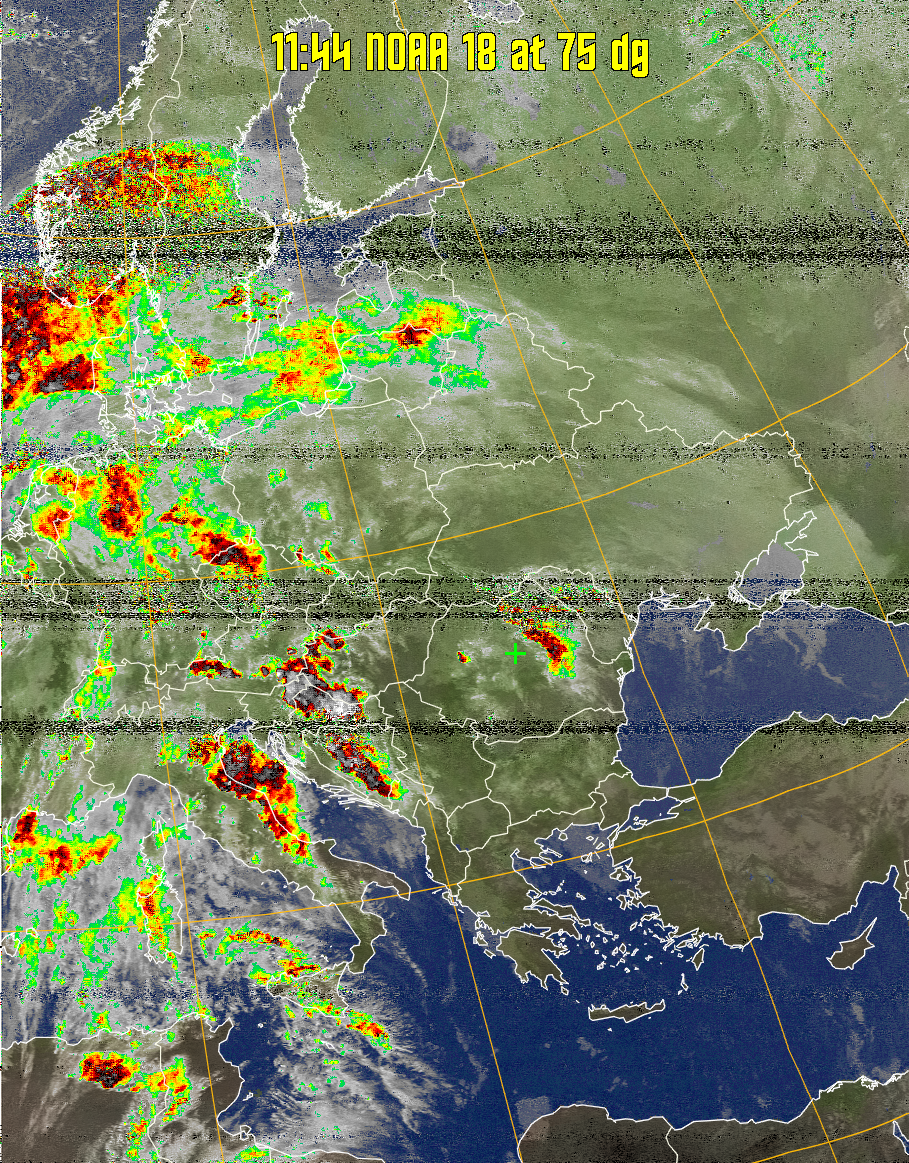 MCIR-precip: 
Colours the NOAA sensor 4 IR image using a map to colour the sea blue and land
green. High clouds appear white, lower clouds gray or land/sea coloured, clouds
generally appear lighter, but distinguishing between land/sea and low cloud may
be difficult. Darker colours indicate warmer regions.