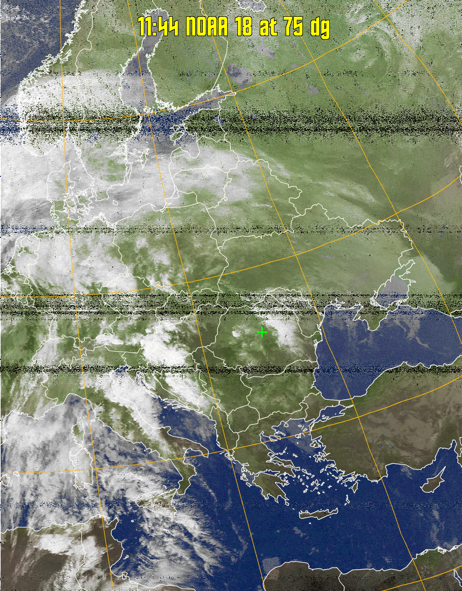 MCIR-precip: 
Colours the NOAA sensor 4 IR image using a map to colour the sea blue and land
green. High clouds appear white, lower clouds gray or land/sea coloured, clouds
generally appear lighter, but distinguishing between land/sea and low cloud may
be difficult. Darker colours indicate warmer regions.