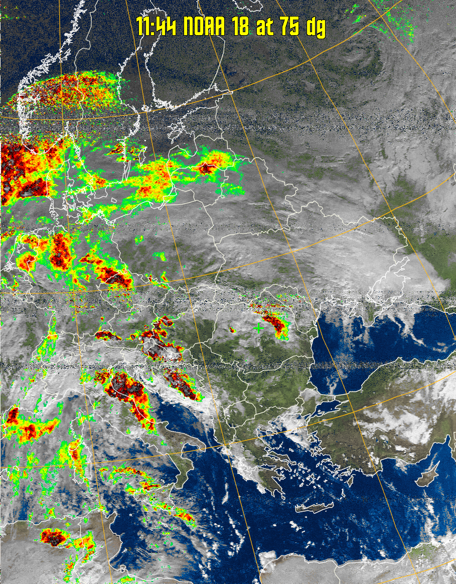 MSA-precip:
Same as MSA multispectral analysis, but high cold cloud tops are coloured the
same as the NO enhancement to give an approximate indication of the probability
and intensity of precipitation.