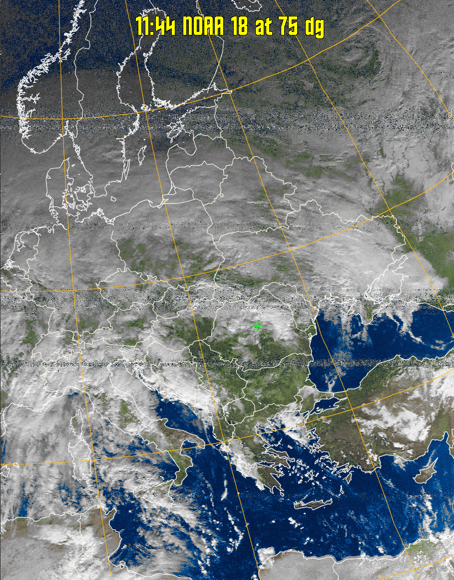 MSA:
Multispectral analysis. Uses a NOAA channel 2-4 image and determines which
regions are most likely to be cloud, land, or sea based on an analysis of the two
images. Produces a vivid false-coloured image as a result.
Note that perfect colouring is difficult to obtain, especially
with low illumination angles.