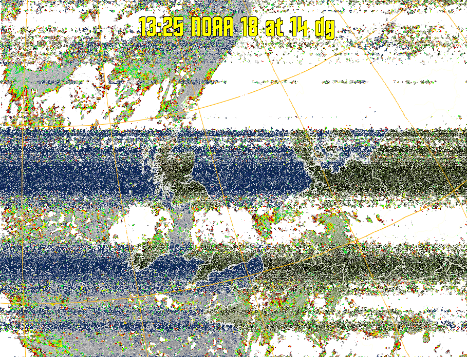 MCIR-precip: 
Colours the NOAA sensor 4 IR image using a map to colour the sea blue and land
green. High clouds appear white, lower clouds gray or land/sea coloured, clouds
generally appear lighter, but distinguishing between land/sea and low cloud may
be difficult. Darker colours indicate warmer regions.