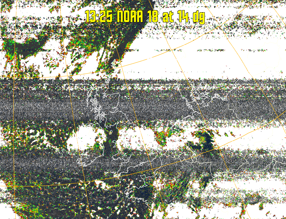 MSA-precip:
Same as MSA multispectral analysis, but high cold cloud tops are coloured the
same as the NO enhancement to give an approximate indication of the probability
and intensity of precipitation.