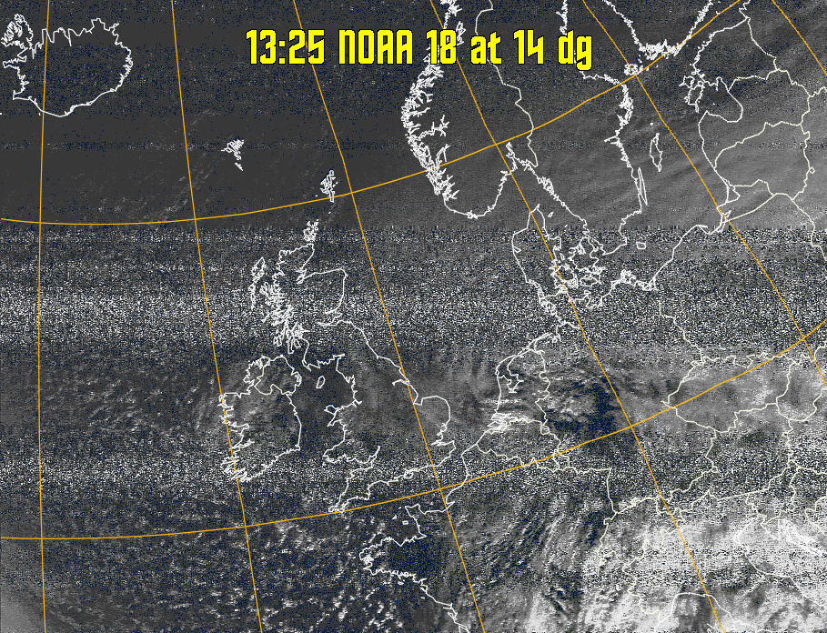 MSA:
Multispectral analysis. Uses a NOAA channel 2-4 image and determines which
regions are most likely to be cloud, land, or sea based on an analysis of the two
images. Produces a vivid false-coloured image as a result.
Note that perfect colouring is difficult to obtain, especially
with low illumination angles.