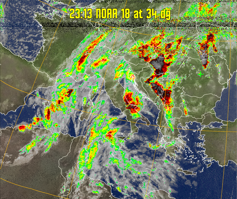 MCIR-precip: 
Colours the NOAA sensor 4 IR image using a map to colour the sea blue and land
green. High clouds appear white, lower clouds gray or land/sea coloured, clouds
generally appear lighter, but distinguishing between land/sea and low cloud may
be difficult. Darker colours indicate warmer regions.