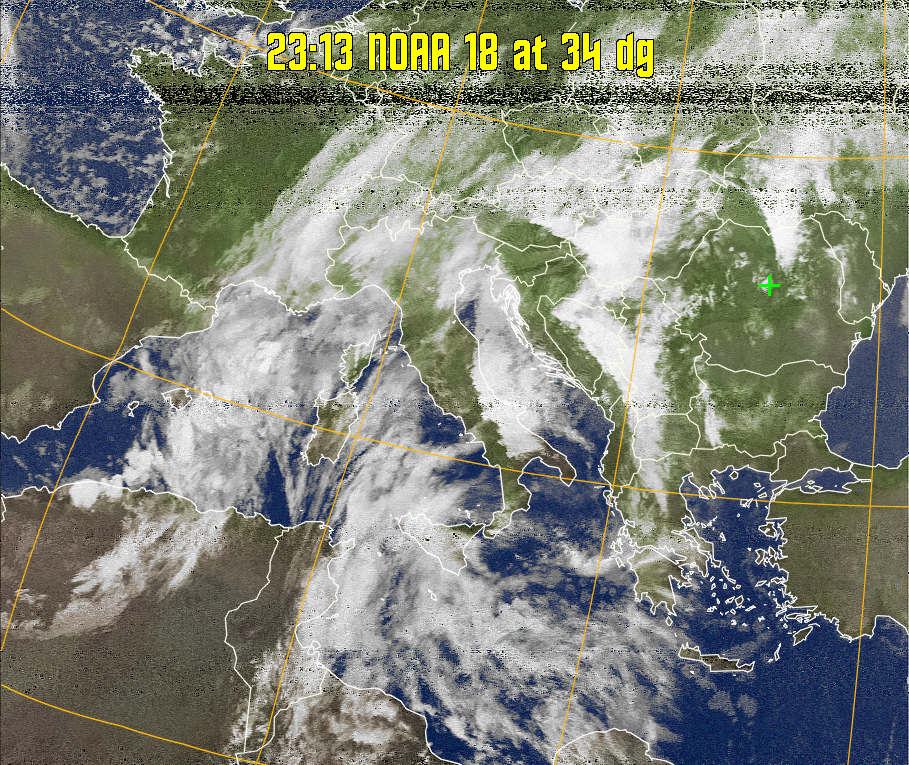 MCIR-precip: 
Colours the NOAA sensor 4 IR image using a map to colour the sea blue and land
green. High clouds appear white, lower clouds gray or land/sea coloured, clouds
generally appear lighter, but distinguishing between land/sea and low cloud may
be difficult. Darker colours indicate warmer regions.