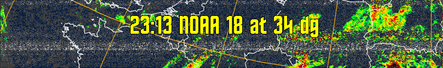 MSA-precip:
Same as MSA multispectral analysis, but high cold cloud tops are coloured the
same as the NO enhancement to give an approximate indication of the probability
and intensity of precipitation.