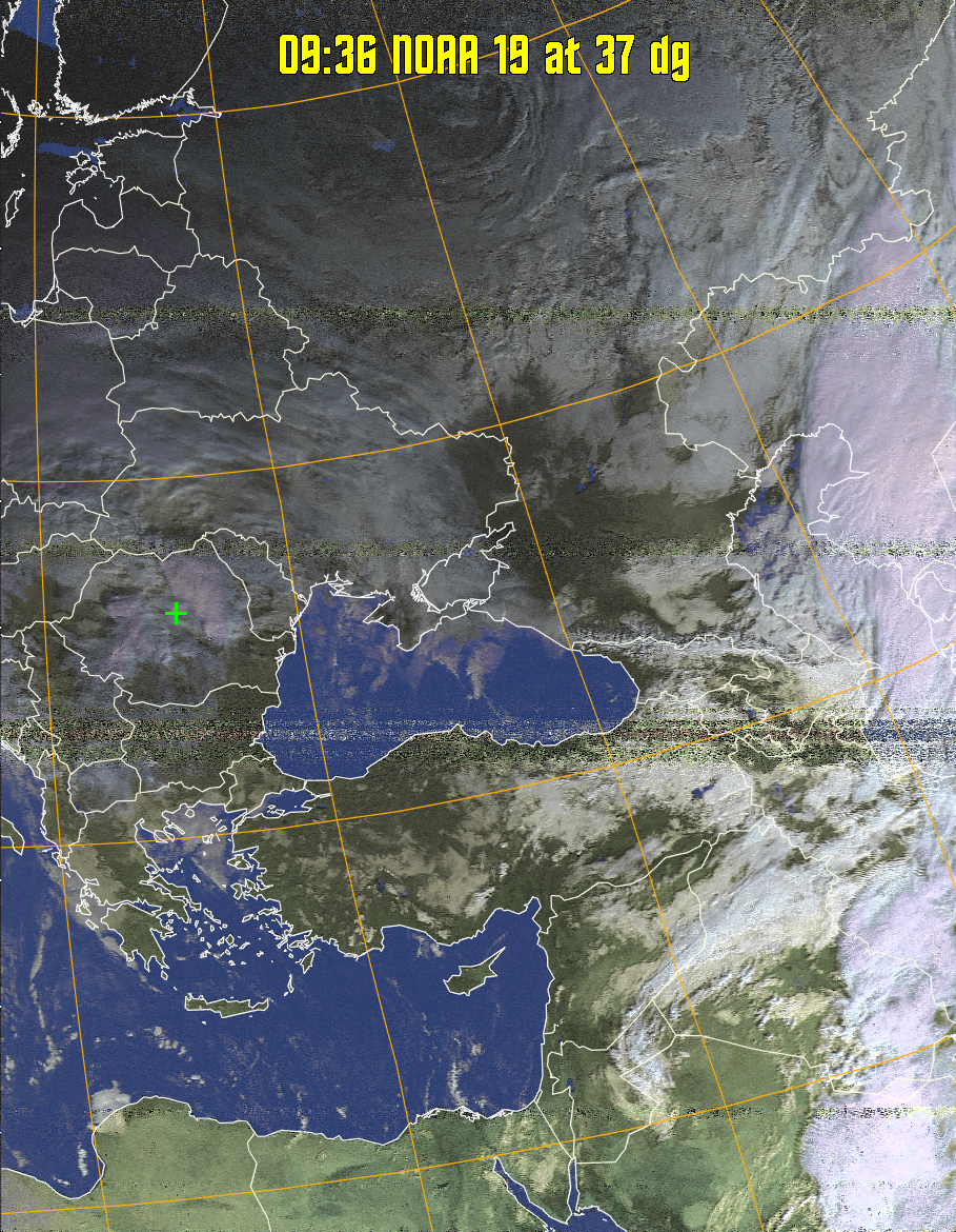 HVCT:
Similar to HVC, but with blue water and with colours more indicative of
land temperatures.
HVC:
Creates a false colour image from NOAA APT images based on temperature using
the HVC colour model. Uses the temperature derived from the sensor 4 image to
select the hue and the brightness from the histogram equalised other image to
select the value and chroma. The HVC colour model attempts to ensure that different colours at the same value will appear to the eye to be the same brightness
and the spacing between colours representing each degree will appear to the eye to
be similar. Bright areas are completely unsaturated in this model.