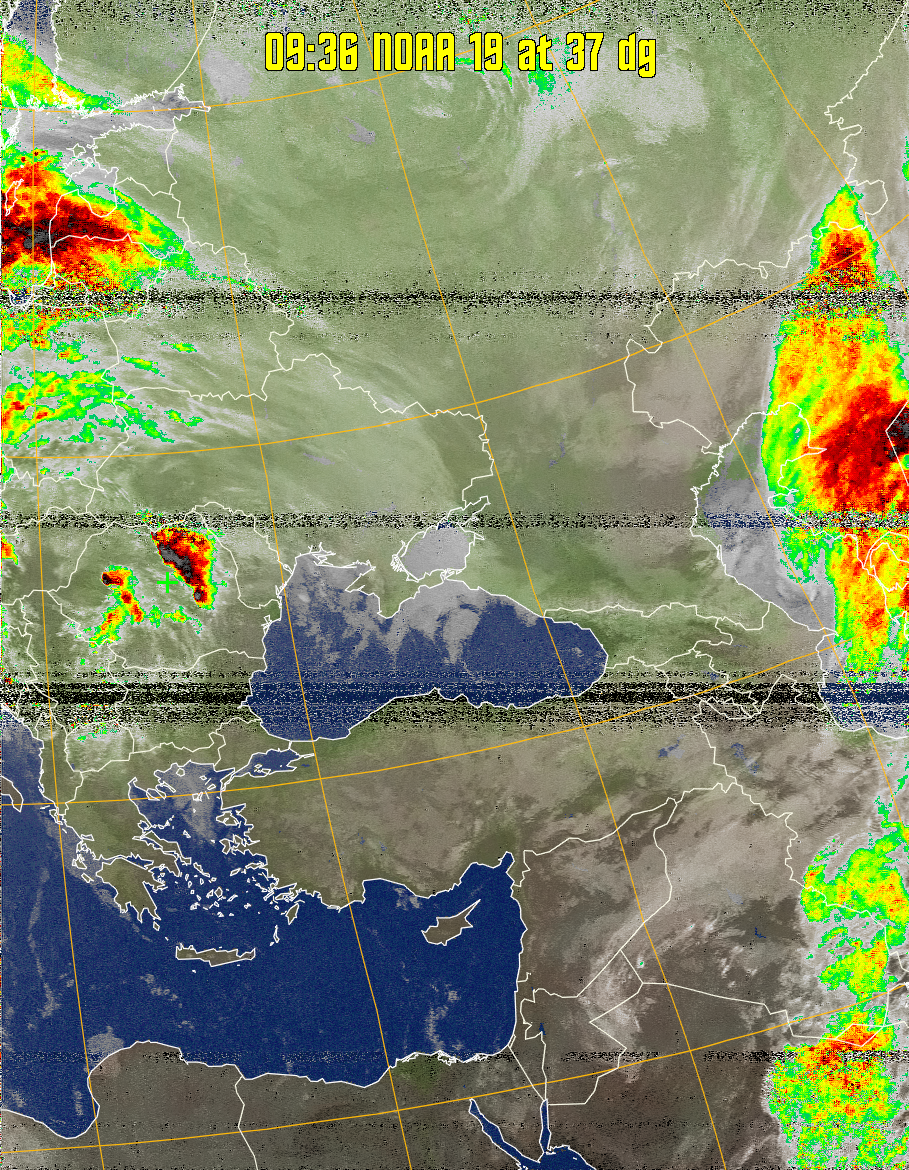 MCIR-precip: 
Colours the NOAA sensor 4 IR image using a map to colour the sea blue and land
green. High clouds appear white, lower clouds gray or land/sea coloured, clouds
generally appear lighter, but distinguishing between land/sea and low cloud may
be difficult. Darker colours indicate warmer regions.