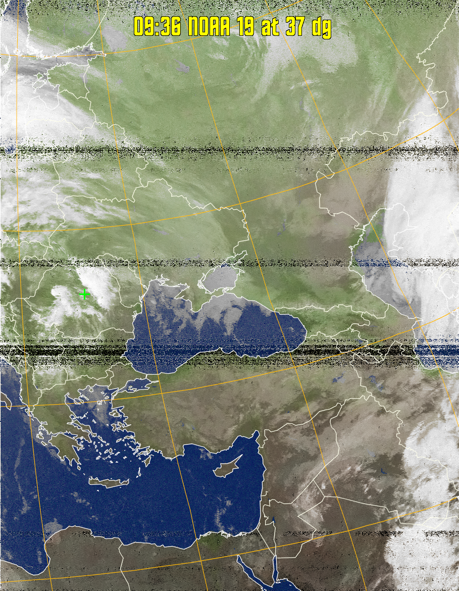 MCIR-precip: 
Colours the NOAA sensor 4 IR image using a map to colour the sea blue and land
green. High clouds appear white, lower clouds gray or land/sea coloured, clouds
generally appear lighter, but distinguishing between land/sea and low cloud may
be difficult. Darker colours indicate warmer regions.