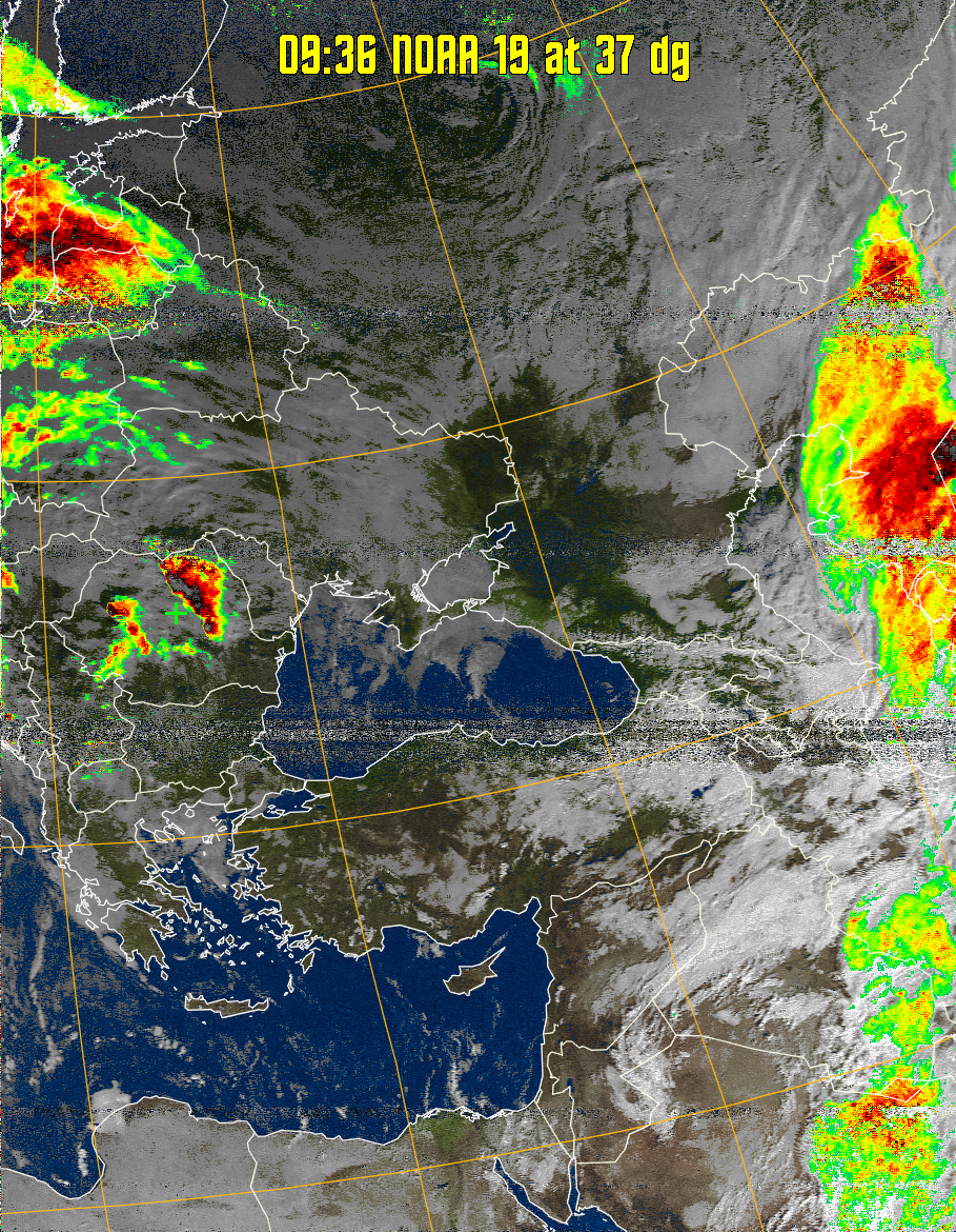 MSA-precip:
Same as MSA multispectral analysis, but high cold cloud tops are coloured the
same as the NO enhancement to give an approximate indication of the probability
and intensity of precipitation.