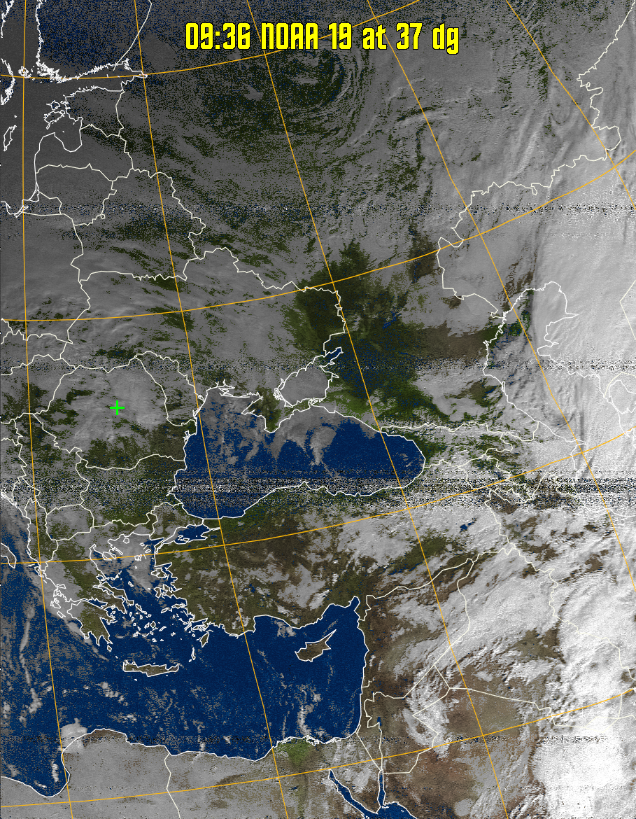 MSA:
Multispectral analysis. Uses a NOAA channel 2-4 image and determines which
regions are most likely to be cloud, land, or sea based on an analysis of the two
images. Produces a vivid false-coloured image as a result.
Note that perfect colouring is difficult to obtain, especially
with low illumination angles.