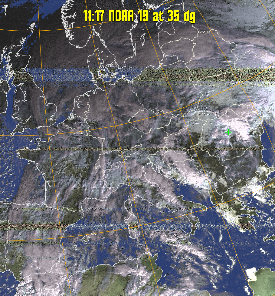 HVCT:
Similar to HVC, but with blue water and with colours more indicative of
land temperatures.
HVC:
Creates a false colour image from NOAA APT images based on temperature using
the HVC colour model. Uses the temperature derived from the sensor 4 image to
select the hue and the brightness from the histogram equalised other image to
select the value and chroma. The HVC colour model attempts to ensure that different colours at the same value will appear to the eye to be the same brightness
and the spacing between colours representing each degree will appear to the eye to
be similar. Bright areas are completely unsaturated in this model.