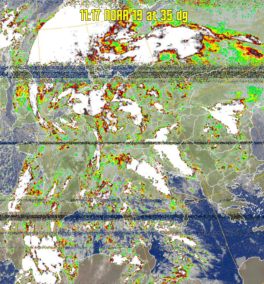 MCIR-precip: 
Colours the NOAA sensor 4 IR image using a map to colour the sea blue and land
green. High clouds appear white, lower clouds gray or land/sea coloured, clouds
generally appear lighter, but distinguishing between land/sea and low cloud may
be difficult. Darker colours indicate warmer regions.