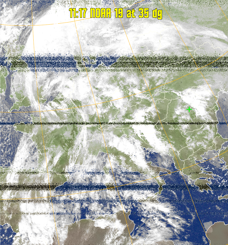 MCIR-precip: 
Colours the NOAA sensor 4 IR image using a map to colour the sea blue and land
green. High clouds appear white, lower clouds gray or land/sea coloured, clouds
generally appear lighter, but distinguishing between land/sea and low cloud may
be difficult. Darker colours indicate warmer regions.