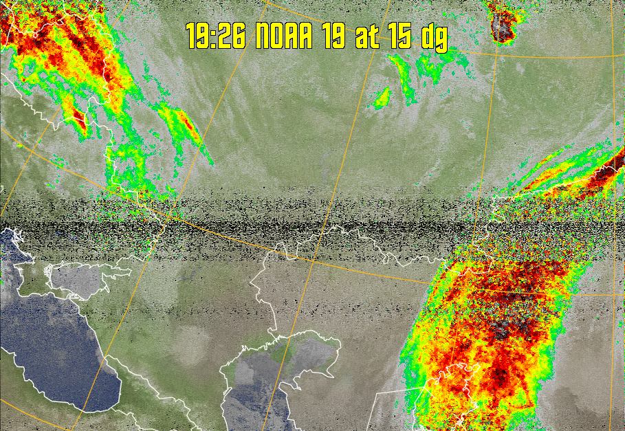 MCIR-precip: 
Colours the NOAA sensor 4 IR image using a map to colour the sea blue and land
green. High clouds appear white, lower clouds gray or land/sea coloured, clouds
generally appear lighter, but distinguishing between land/sea and low cloud may
be difficult. Darker colours indicate warmer regions.