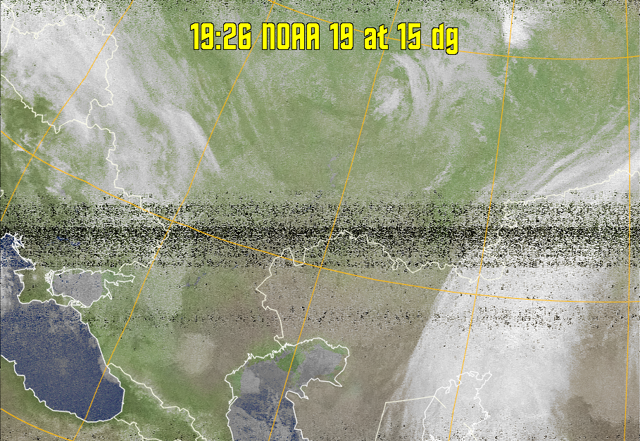 MCIR-precip: 
Colours the NOAA sensor 4 IR image using a map to colour the sea blue and land
green. High clouds appear white, lower clouds gray or land/sea coloured, clouds
generally appear lighter, but distinguishing between land/sea and low cloud may
be difficult. Darker colours indicate warmer regions.