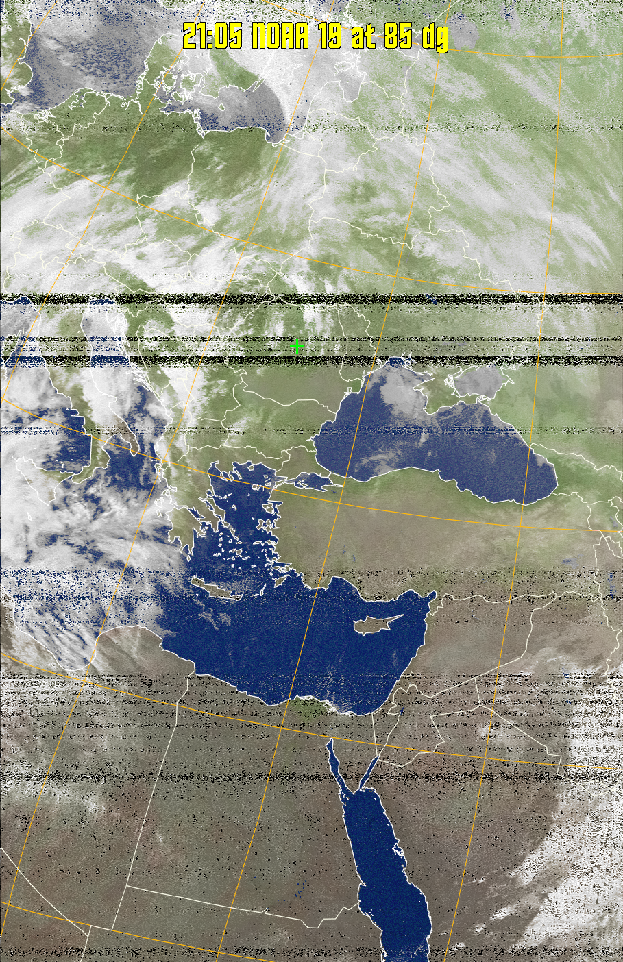 MCIR-precip: 
Colours the NOAA sensor 4 IR image using a map to colour the sea blue and land
green. High clouds appear white, lower clouds gray or land/sea coloured, clouds
generally appear lighter, but distinguishing between land/sea and low cloud may
be difficult. Darker colours indicate warmer regions.