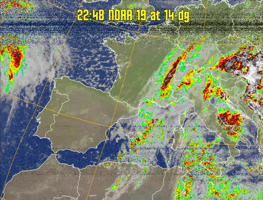 MCIR-precip: 
Colours the NOAA sensor 4 IR image using a map to colour the sea blue and land
green. High clouds appear white, lower clouds gray or land/sea coloured, clouds
generally appear lighter, but distinguishing between land/sea and low cloud may
be difficult. Darker colours indicate warmer regions.