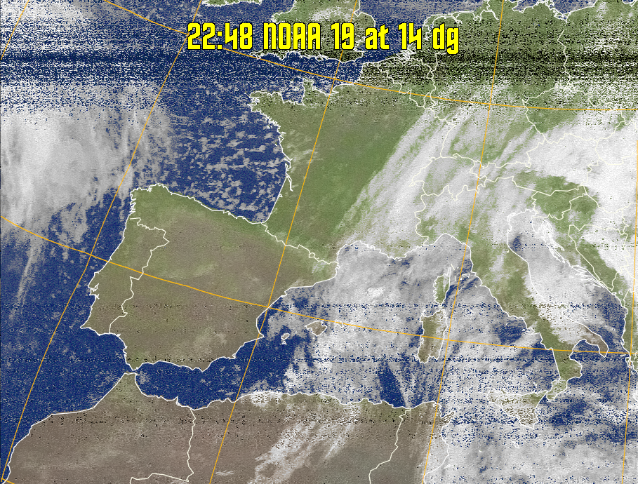 MCIR-precip: 
Colours the NOAA sensor 4 IR image using a map to colour the sea blue and land
green. High clouds appear white, lower clouds gray or land/sea coloured, clouds
generally appear lighter, but distinguishing between land/sea and low cloud may
be difficult. Darker colours indicate warmer regions.