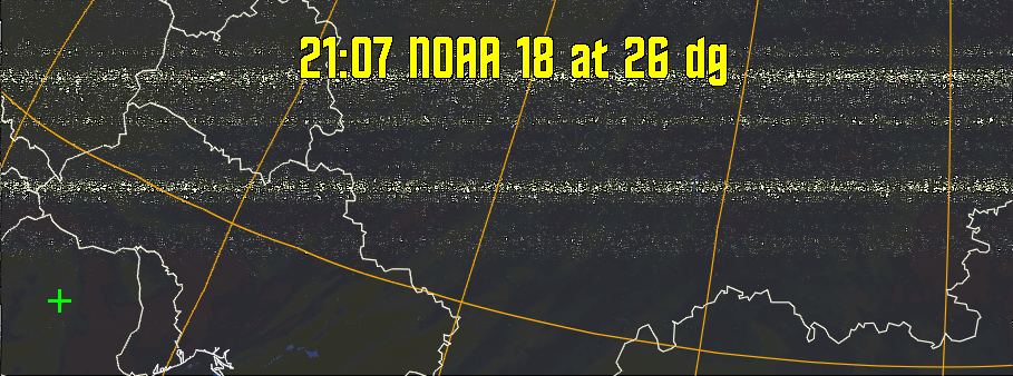 HVCT:
Similar to HVC, but with blue water and with colours more indicative of
land temperatures.
HVC:
Creates a false colour image from NOAA APT images based on temperature using
the HVC colour model. Uses the temperature derived from the sensor 4 image to
select the hue and the brightness from the histogram equalised other image to
select the value and chroma. The HVC colour model attempts to ensure that different colours at the same value will appear to the eye to be the same brightness
and the spacing between colours representing each degree will appear to the eye to
be similar. Bright areas are completely unsaturated in this model.