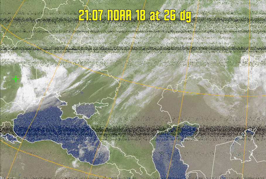 MCIR-precip: 
Colours the NOAA sensor 4 IR image using a map to colour the sea blue and land
green. High clouds appear white, lower clouds gray or land/sea coloured, clouds
generally appear lighter, but distinguishing between land/sea and low cloud may
be difficult. Darker colours indicate warmer regions.