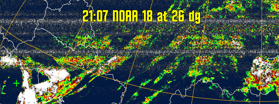 MSA-precip:
Same as MSA multispectral analysis, but high cold cloud tops are coloured the
same as the NO enhancement to give an approximate indication of the probability
and intensity of precipitation.