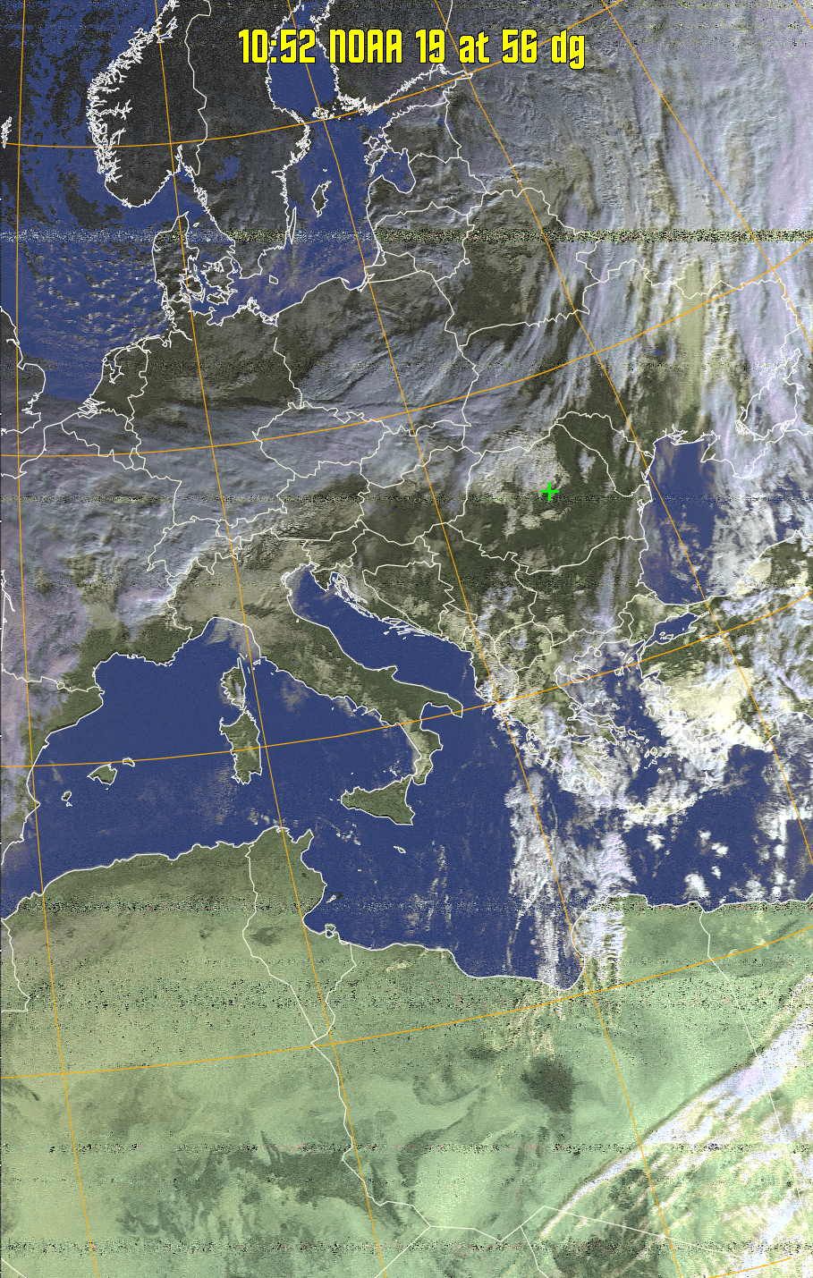 HVCT:
Similar to HVC, but with blue water and with colours more indicative of
land temperatures.
HVC:
Creates a false colour image from NOAA APT images based on temperature using
the HVC colour model. Uses the temperature derived from the sensor 4 image to
select the hue and the brightness from the histogram equalised other image to
select the value and chroma. The HVC colour model attempts to ensure that different colours at the same value will appear to the eye to be the same brightness
and the spacing between colours representing each degree will appear to the eye to
be similar. Bright areas are completely unsaturated in this model.