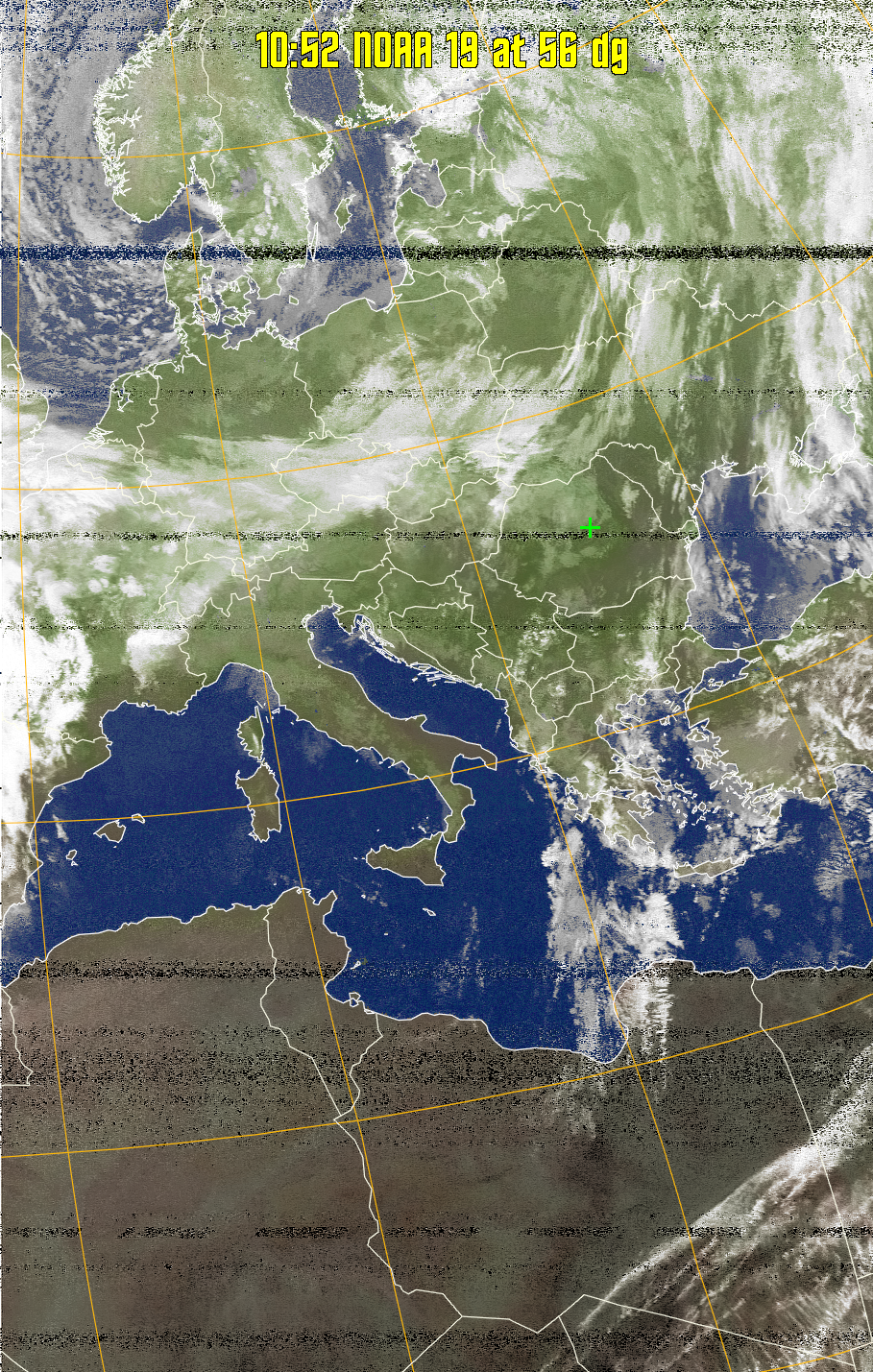 MCIR-precip: 
Colours the NOAA sensor 4 IR image using a map to colour the sea blue and land
green. High clouds appear white, lower clouds gray or land/sea coloured, clouds
generally appear lighter, but distinguishing between land/sea and low cloud may
be difficult. Darker colours indicate warmer regions.