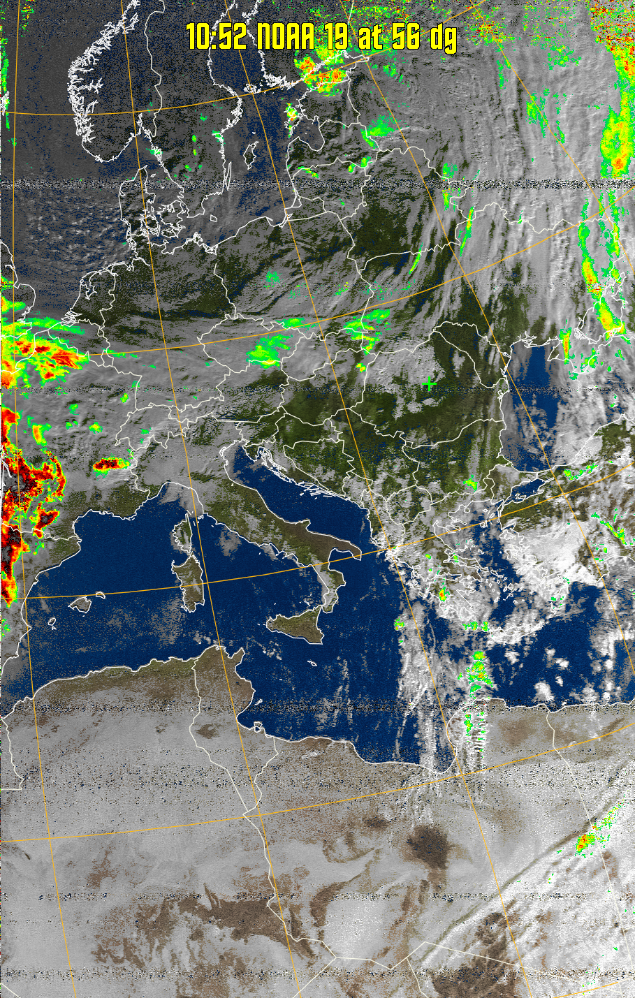 MSA-precip:
Same as MSA multispectral analysis, but high cold cloud tops are coloured the
same as the NO enhancement to give an approximate indication of the probability
and intensity of precipitation.