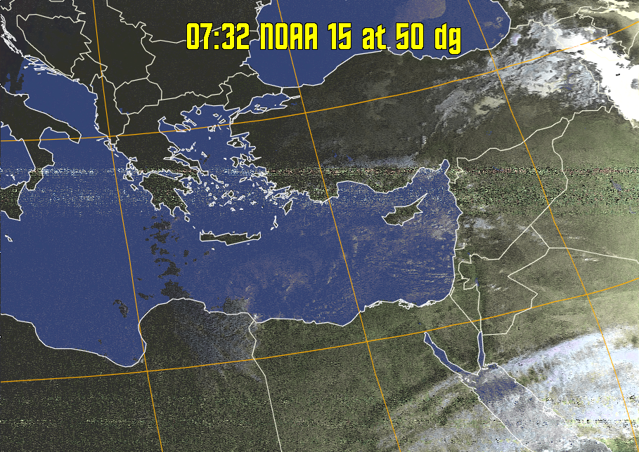 HVCT:
Similar to HVC, but with blue water and with colours more indicative of
land temperatures.
HVC:
Creates a false colour image from NOAA APT images based on temperature using
the HVC colour model. Uses the temperature derived from the sensor 4 image to
select the hue and the brightness from the histogram equalised other image to
select the value and chroma. The HVC colour model attempts to ensure that different colours at the same value will appear to the eye to be the same brightness
and the spacing between colours representing each degree will appear to the eye to
be similar. Bright areas are completely unsaturated in this model.